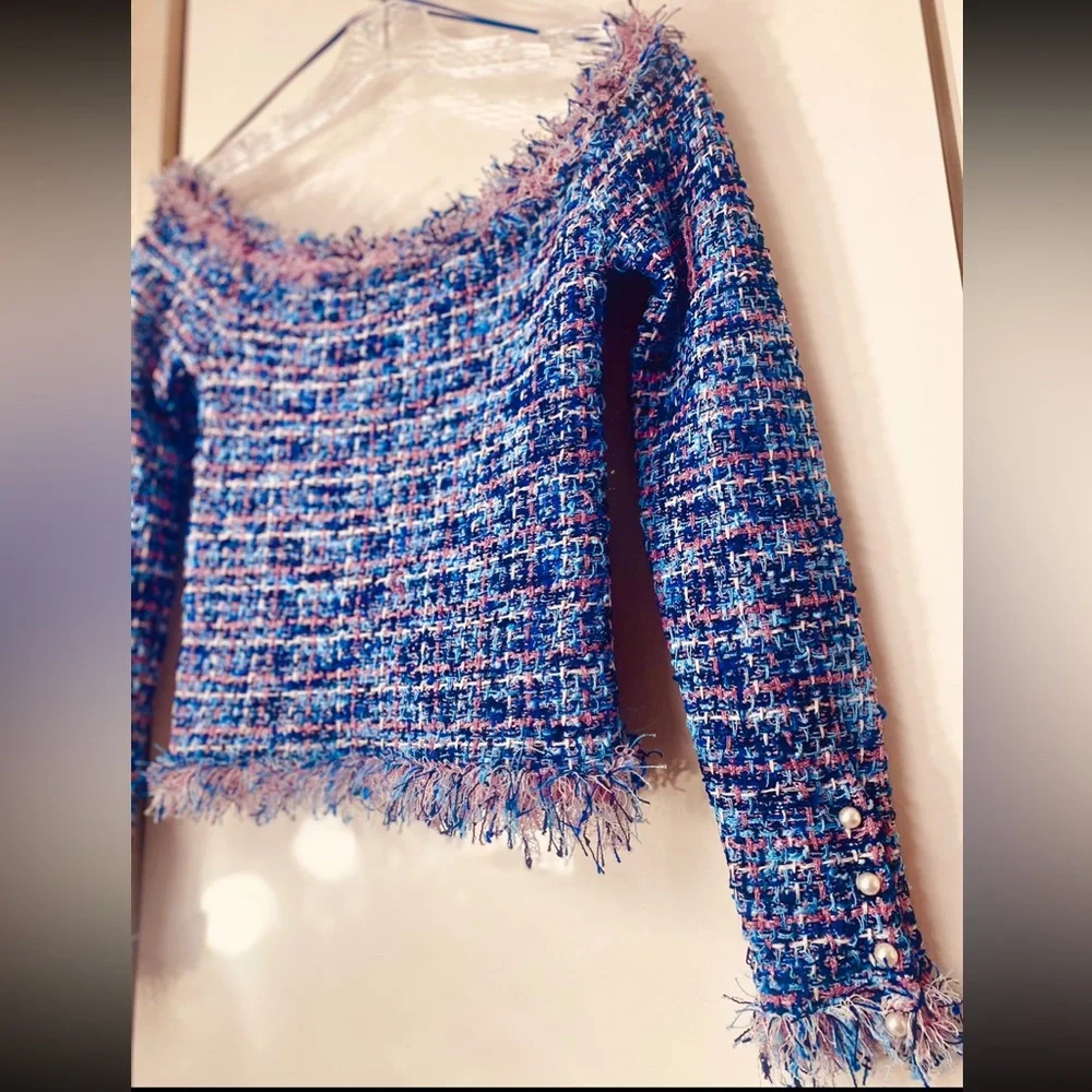 Zara textured pink metallic fibers stretching tweed frayed hem long sleeves top - Picture 7 of 15